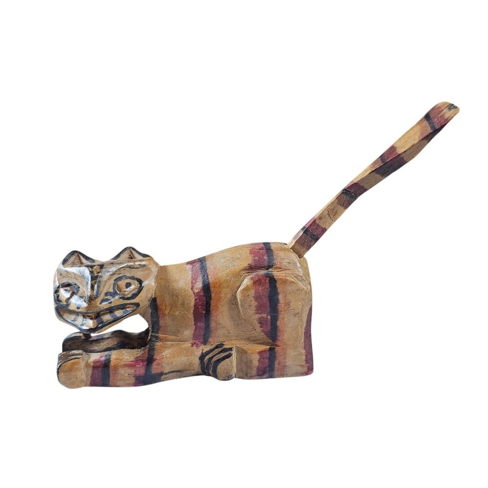 Vintage Guatemala Hand Carved Wood Cat Figurine Folk Art Painted Striped Wooden - Picture 1 of 10